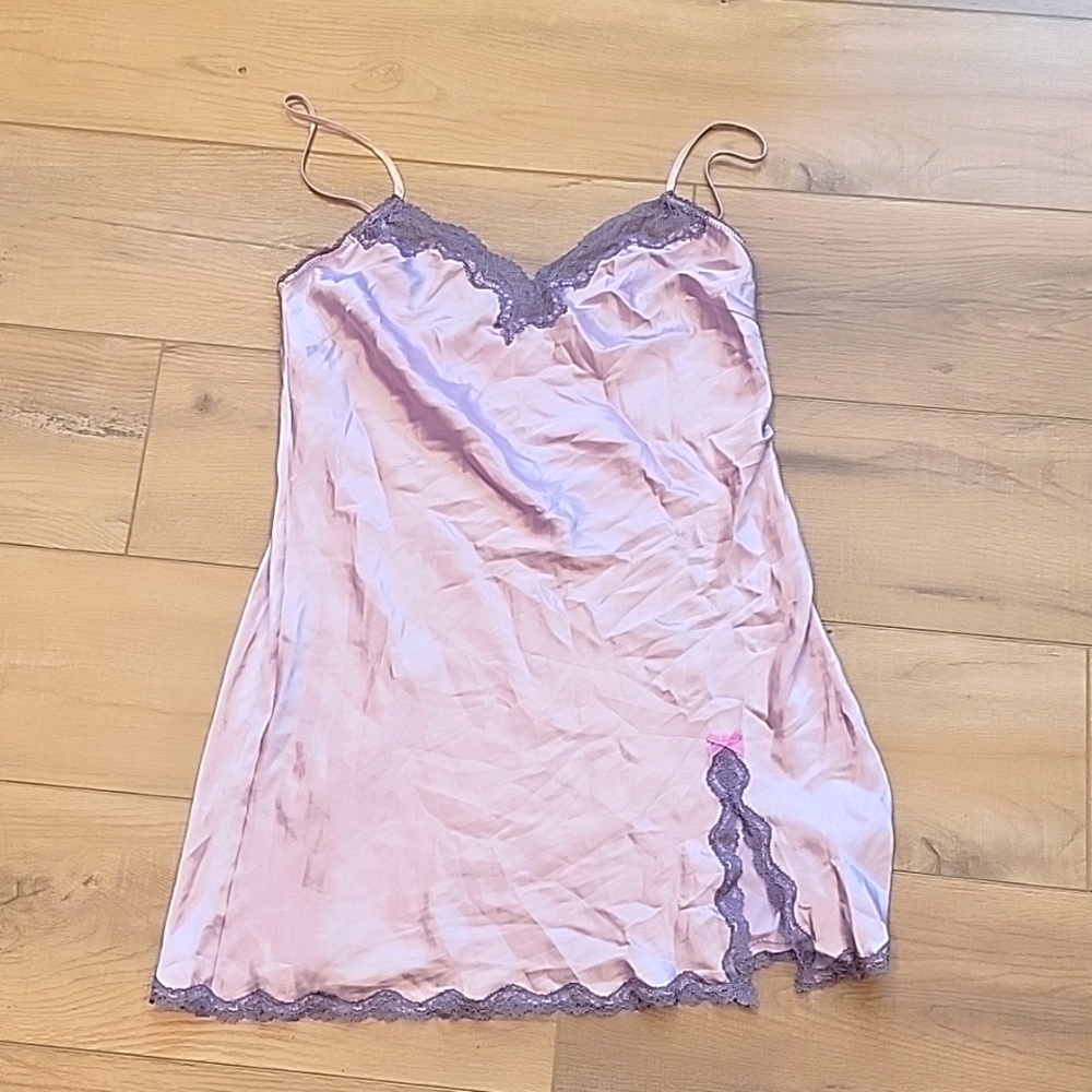 Victoria's Secret Pink Satin Slip with Purple Lace Trim
